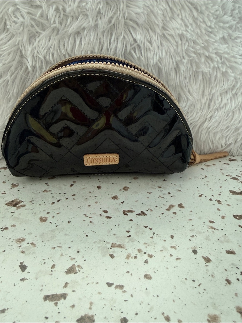 Consuela Black Patent Chevron Cosmetic Pouch with Tan Trim